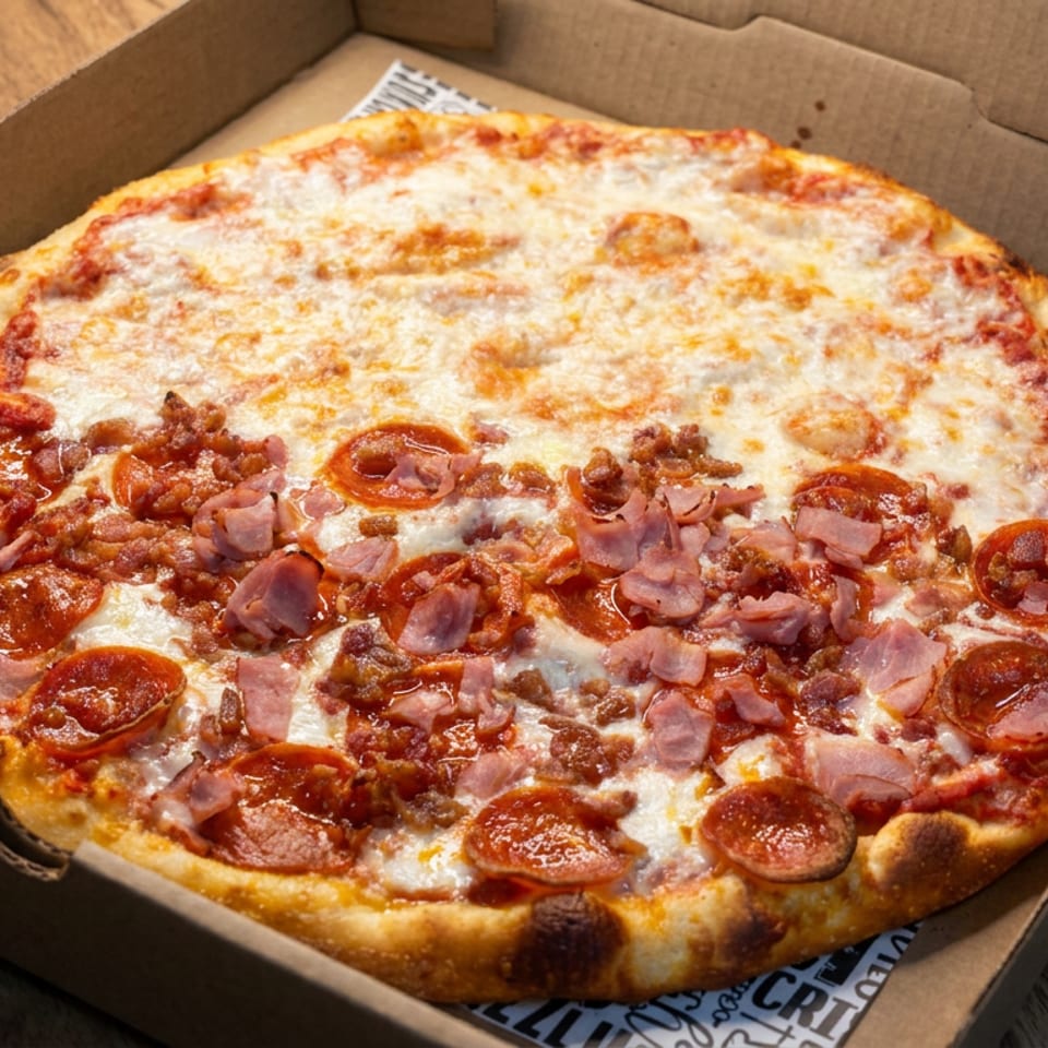 Large pepperoni and ham pizza with melted cheese in an open cardboard box on a wooden table.