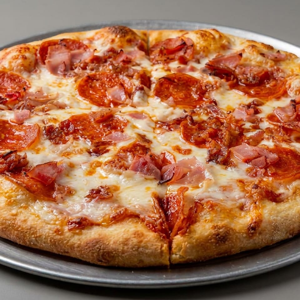 Whole pepperoni, ham, and bacon pizza with melted cheese and a thick golden crust on a metal serving tray.