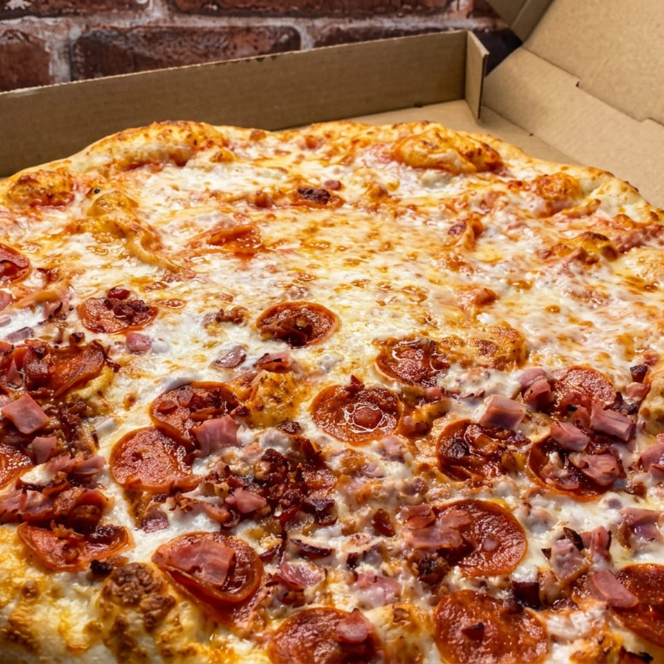 Large round pizza topped with melted cheese, pepperoni, ham, bacon, and sausage in an open cardboard box.