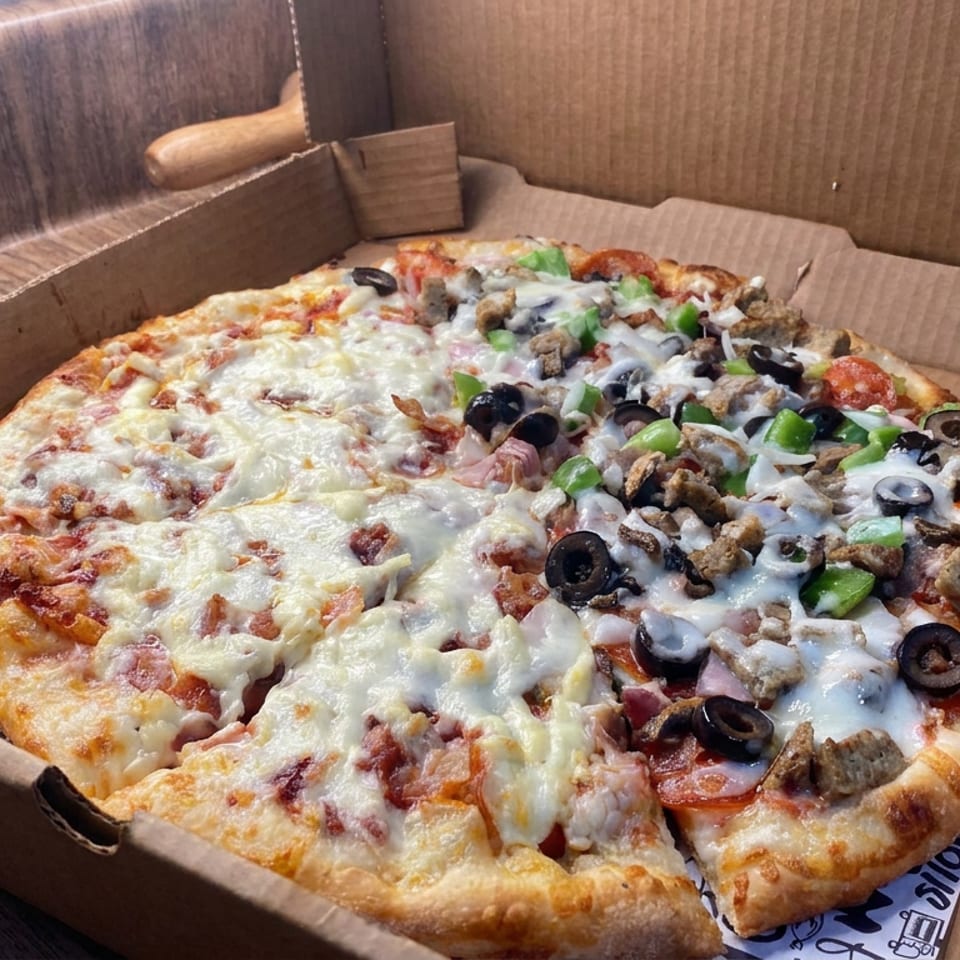 Cheesy pizza topped with sausage, mushrooms, black olives, green peppers, onions, and pepperoni in an open cardboard box.