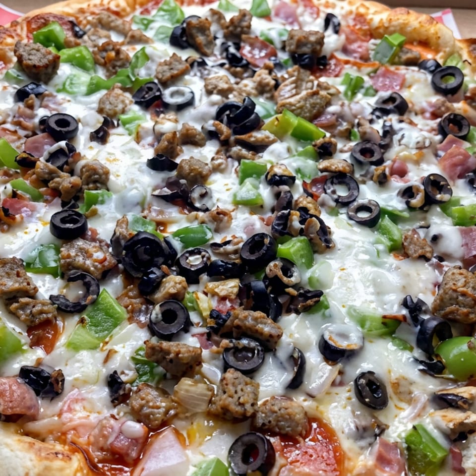 Loaded pizza topped with melted cheese, pepperoni, sausage, ham, mushrooms, green peppers, onions, and black olives in a cardboard box.