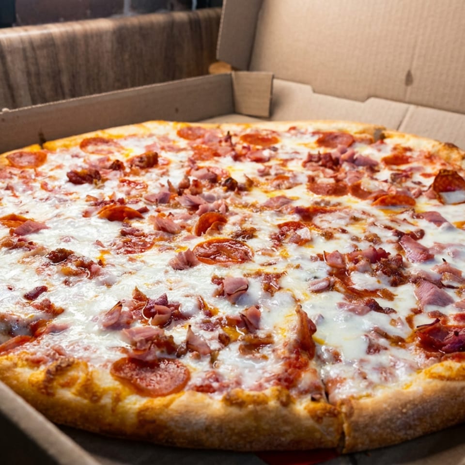 Large pepperoni and ham pizza with melted cheese in an open cardboard box on a restaurant booth.