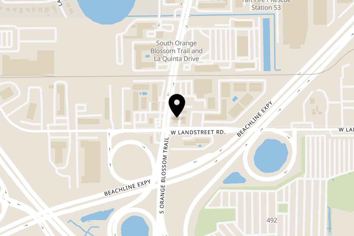 Map showing the location of Flame Pizzeria on 8911 S Orange Blossom Trl in Orlando